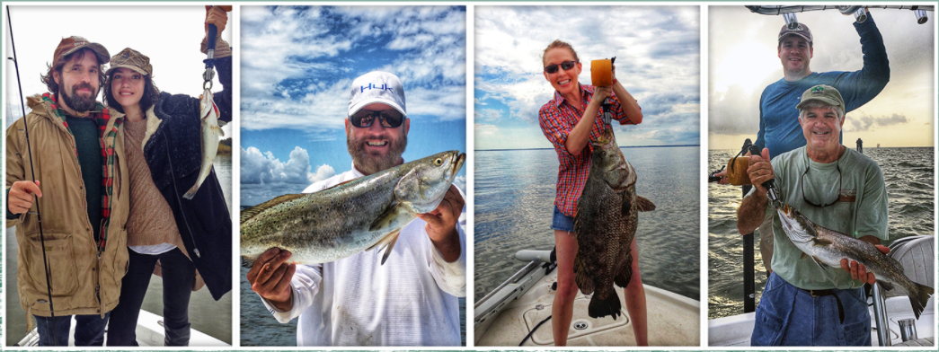 Four images of customers on our boat, holding up their fish after a successful catch