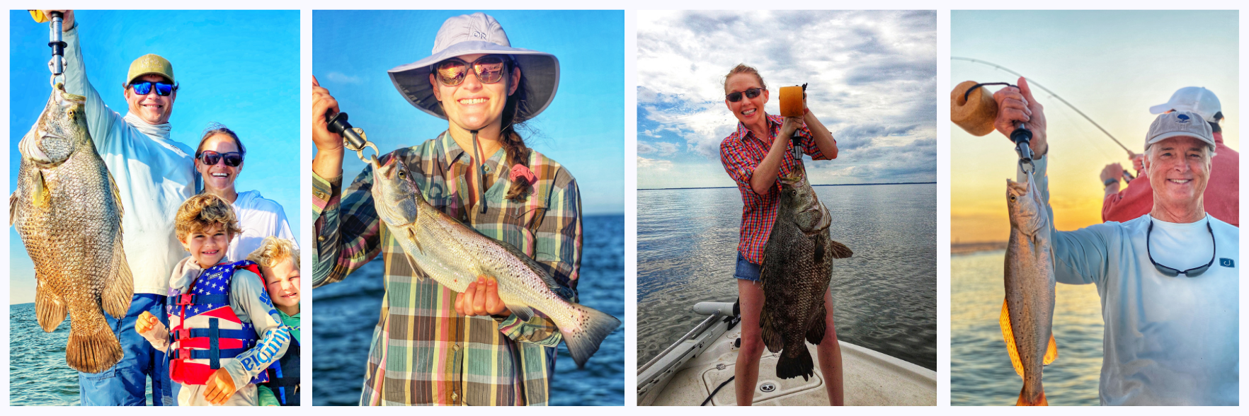 Four images of customers on our boat, holding up their fish after a successful catch